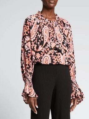 FIGUE Lianna Paisley-Print Smocked Sleeve Silk Blouse Size Large